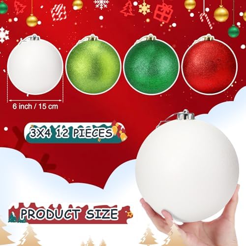 Poen 12 Pcs 6 Inch Large Glitter Christmas Ball Ornament, Red, Green, White