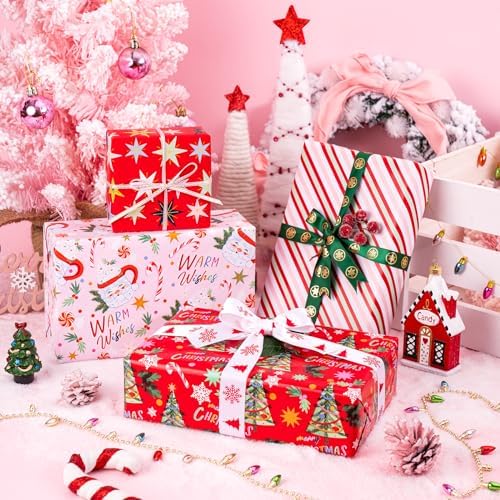 WRAPAHOLIC 30 Inch Christmas Wrapping Paper Roll - Jumbo Roll Red and Pink Santa Claus Cup, Christmas Tree Holiday Design - 4 Rolls - 30 Inch x 120 Inch Per Roll