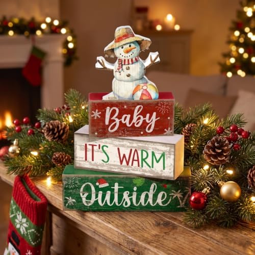 Lineshading 4 Pcs Christmas Table Decoration, Wooden Snowman Beach Sign Set