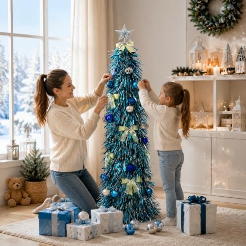 Christmas Tree 5FT Artificial Xmas Decor Pop Up with Decoration Blue-Silver