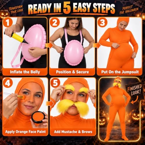 9Pcs Orange Jumpsuit Costume Accessories with Tutu Skirt,Fake Belly,Mustache,Eyebrows,Face Paint for The Halloween