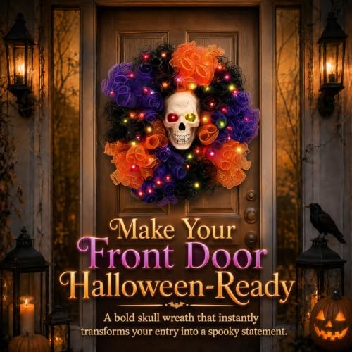 24 in Halloween Wreath with Skull and Color-Changing Lights