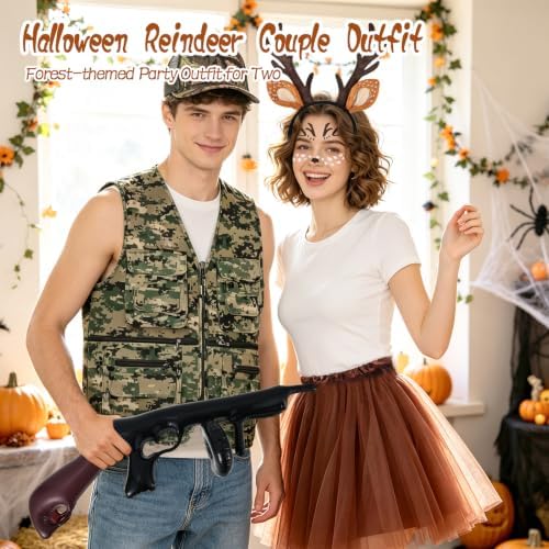 6 Pcs Deer Hunter Costume Set for Couple - Hunting Outfit Dress Up Kit - Camo Vest Camo Hat Antler Headband Tattoo Stickers Skirt Inflatable Toy Gun - Halloween Cosplay Party Fancy Dress Accessories