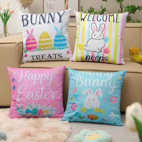Easter Pillow Covers 18 x 18 Inch,Easter Decorations for Home,Set of 4 Happy Easter Hunny Bunny Pink Blue Decorative Throw Pillow Covers Spring Farmhouse Decor