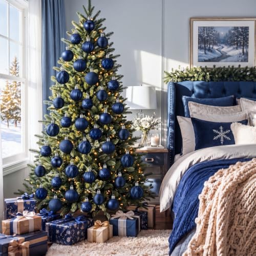 Lunmon 64 Pcs Navy Blue Christmas Ornaments Midnight Blue Xmas Tree Baubles