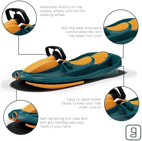 Snow Sled for Kids, Adults - Toboggan Sled, Easy Turning Steering Wheel, Anti-Slip Seat, Pull Up Brake, Durable Plastic Sled, Lightweight, Snow Sleds, Age 3+ 260 lbs