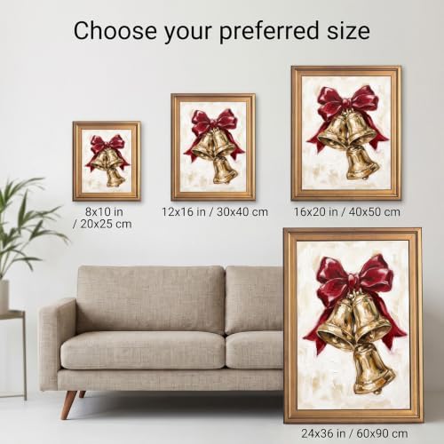 Framed Canvas Wall Art Expressive Painterly Vintage Gold Bells Red Satin Bow and Impasto Textures Canvas Print Poster Gold Frame Wall Decor for Living Room Holiday Decor, Christmas Gift - Inch 8x10