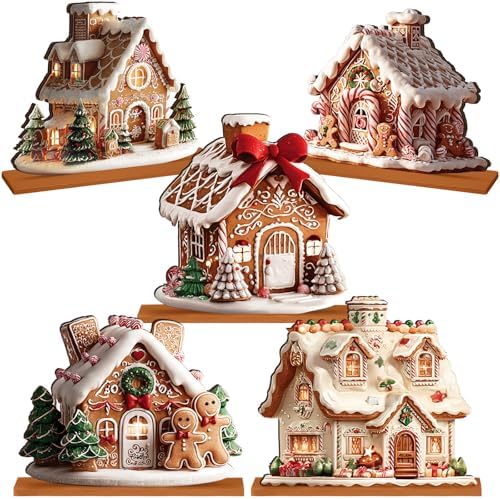 RattanView 5 Pcs Gingerbread Christmas Table Decor, Gingerbread Village Set