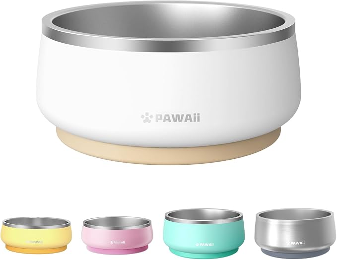 Pawaii Dog Bowl, 34 oz Stainless Steel Food and Water Bowl, ID Tag, 1 Pack | Double-Wall Design,Non-Slip Rubber Base,Dishwasher Safe,Smooth Open Design, Not a Slow Feeder,Easy-Rinse Interior