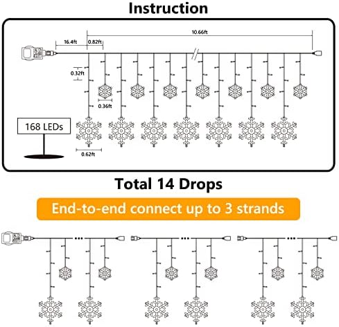 Christmas Snowflake Lights, 10.66ft 168 LED Icicle Lights Outdoor with 14 Drops, 8 Modes Waterproof Connectable Christmas Light for Eaves, Wedding, Garden, Yard, Indoor Outdoor Xmas Decor (Warm White)