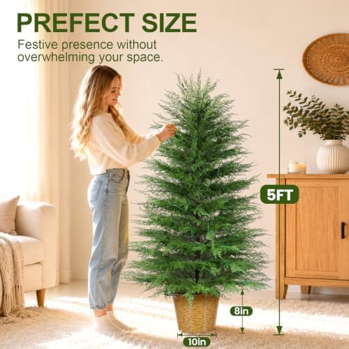 ENVEN 5FT Prelit Artificial Cedar Christmas Tree with Lights Plug in Power, Faux Cedar Potted Christmas Tree in Decorative Wicker Basket, Realistic Indoor Outdoor Holiday Decoration