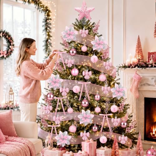 78 Pcs Christmas Tree Decorations Star Topper Ornaments Artificial Poinsettia Flowers Pink Balls Velvet Bow Berry Picks Christmas Tree Hanging Ornaments for Xmas Home Office Decorations