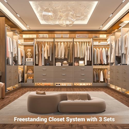 Aheaplus Closet System with 6 Drawers, 4 Hanging Rods & Corner Tower, Corner Closet System with Hanging,80.9" L-Shaped Walk-In Wardrobe Organizer, 2000+ lbs Capacity, Set of 3, Grey