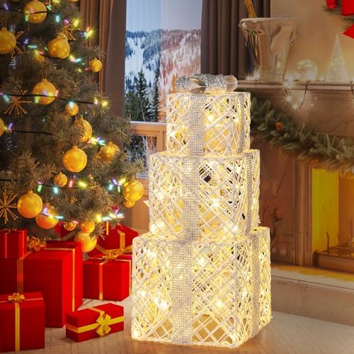 Tangkula Set of 3 Lighted Box, Pre-Lit Festive Boxes w/ 50 LED Lights