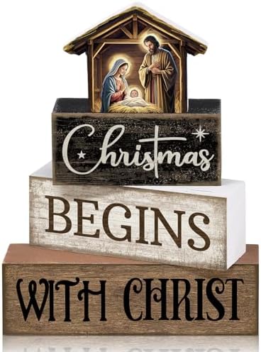 Moucuny 4 Pcs Christmas Table Decoration Christmas Begins with Christ Signs