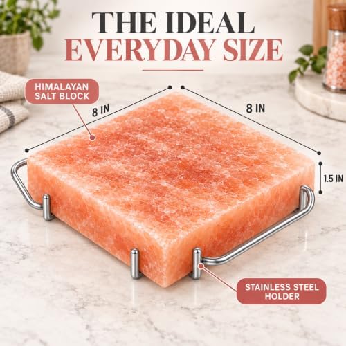 UMAID Himalayan Salt Block Cooking Plate 8x8x1.5 – Food Grade Pink Himalayan Salt Stone for Cooking, Salt Block for Grilling, Serving & Food Presentation – Includes Stainless Steel Tray & Recipe Booklet – Unique Gifts for Men & Women