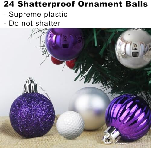 Purple & Silver 2.5" Christmas Balls Christmas Tree Decoration Ornaments Shatterproof Hanging Balls for Birthday Halloween Holiday Wedding Decorations Set of 24pcs