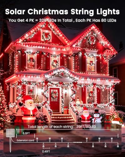OZS 4 Pack 320LED Solar Christmas String Lights Outdoor, Waterproof 8 Modes Solar Tree Light, Green Wire Christmas Lights Outdoor for Garden, Party, Wedding, Christmas Decorations (Red&Cool White)