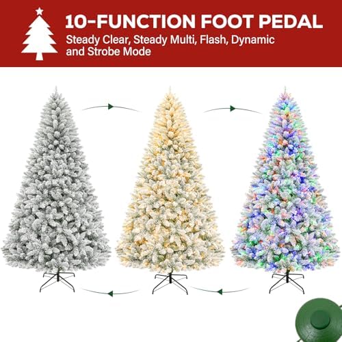 Hykolity 6ft Pre-lit Artificial Christmas Tree with 250 Multicolor LED Lights, 10-Mode Snow Flocked Christmas Tree with 1032 PVC Tips, Metal Stand & Hinged Branches for Holiday
