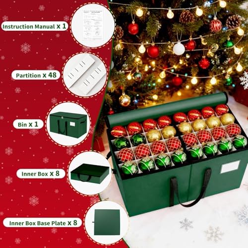 Christmas Ornament Storage Box, 8 Individual Trays with Handles, Green