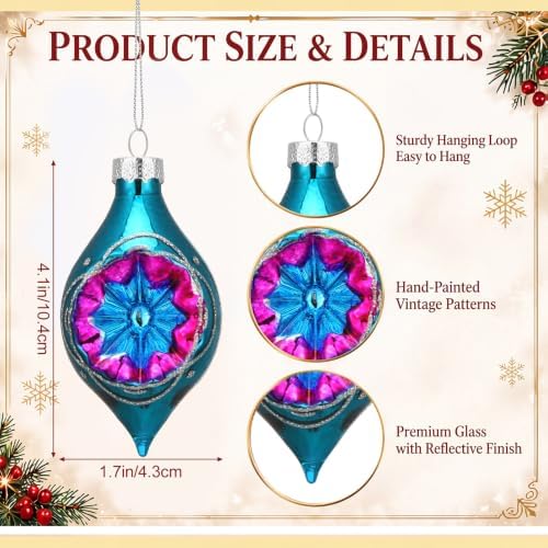 12pcs 4.1'' Vintage Christmas Glass Tree Ornament with Reflector, Oval