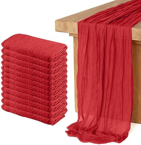 12 Pack Cheesecloth Table Runner 10Ft Christmas Gauze Boho Table Runners for Wedding Decor Bridal Shower Decorations Baby Shower Party(35" x 120")(Red)
