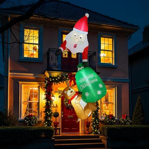 OurWarm 8FT Hanging Christmas Inflatable Outdoor Decoration, Climbing Santa Claus Inflatable with Reindeer Persent Bag, Christmas Blow Ups Outdoor Built-in LED Lights for Xmas Yard Trees Windows Eaves