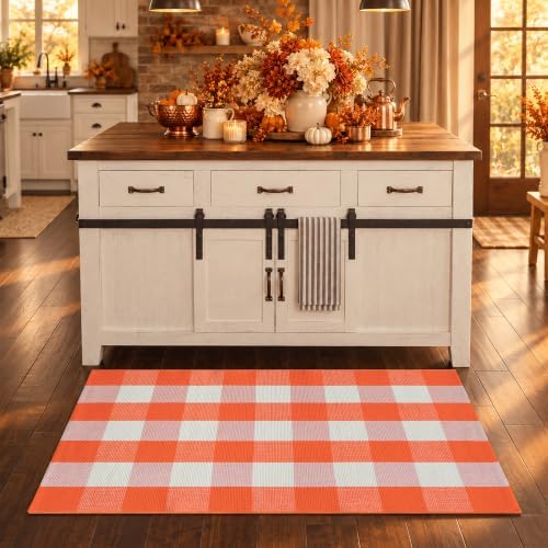 Orange and White Plaid Rug, 28'' x 43'' Fall Front Door Decor Mat, Cotton Washable Hand-Woven Door mat for Layered Doormat, Autumn Halloween Thanksgiving Carpet for Porch, Entryway