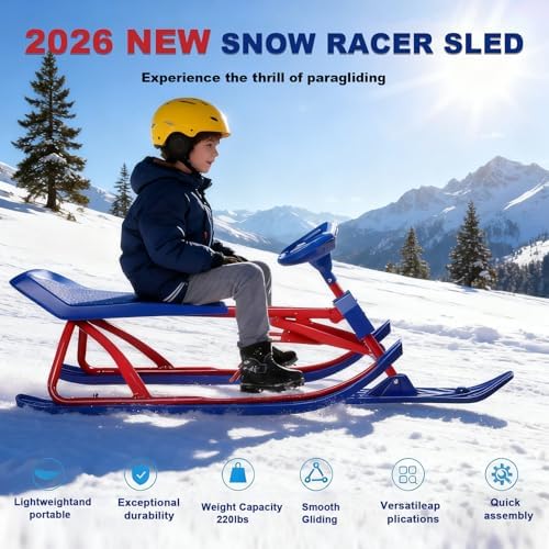 Ski Sled Slider Board/Snow Racer Sled with Steering Handle with Responsive Steering & Shock-Absorbing Column, Heavy Duty Long-Lasting Steel Frame Snow Sled for Kids A
