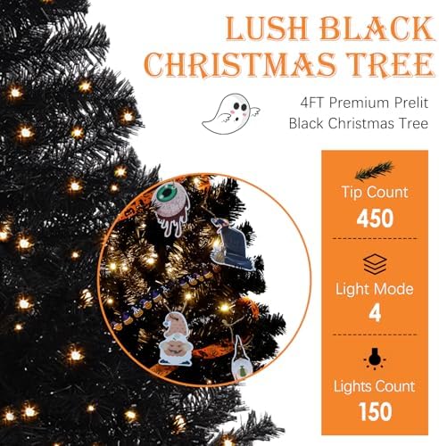 4FT Pre-Lit Black Christmas Tree Small Halloween Tree 150 Warm Lights