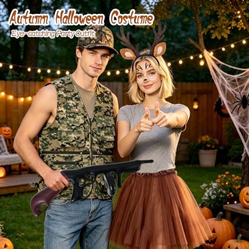 6 Pcs Deer Hunter Costume Set for Couple - Hunting Outfit Dress Up Kit - Camo Vest Camo Hat Antler Headband Tattoo Stickers Skirt Inflatable Toy Gun - Halloween Cosplay Party Fancy Dress Accessories