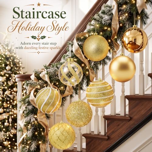 Lyrow 8 Pcs Large Christmas Ball Ornaments 6'' Gold Glitter Xmas Ornaments