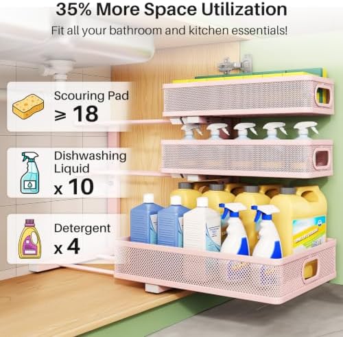 Kitstorack Under Sink Organizer, 2-Pack 3-Tier Height Adjustable Thickened Metal Pull out Cabinet Organizer Shelf, Slide out Storage Drawer Rack for Bathroom Kitchen Pantry Home Organization, Pink