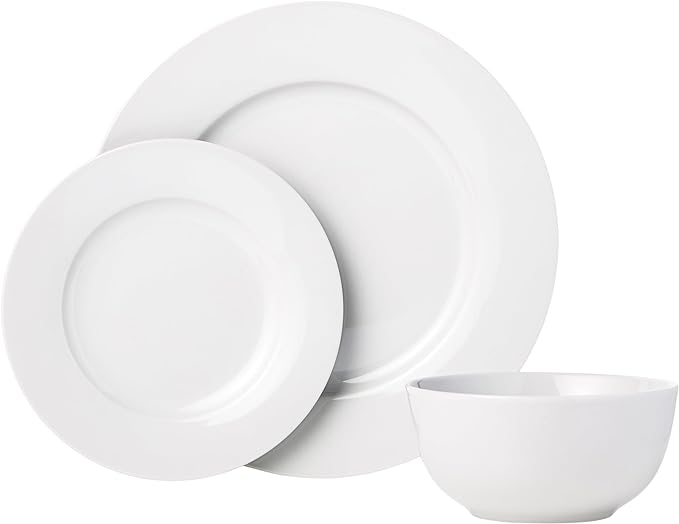Amazon Basics Porcelain Dinnerware Set, Microwave and Dishwasher Safe, Service for 6, 18-Piece, Plates, Bowls, White