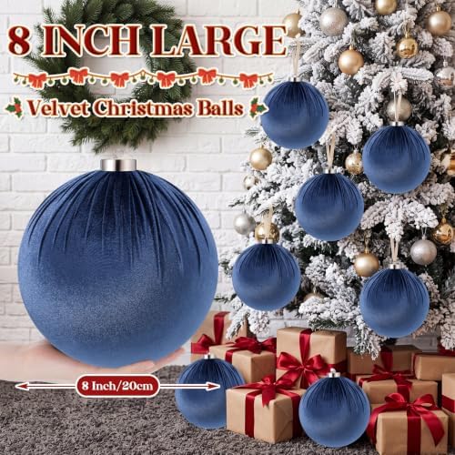 Weysat 6 PCS 8" Extra Large Velvet Christmas Ball Ornaments, Dusty Blue
