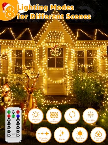 BrightChristmas 300 LED 98 FT Christmas Lights, Waterproof Outdoor String Lights with Remote and Timer, Christmas Tree Lights with 8 Modes Dimmable, Fairy Lights for Holiday Decor (Warm White)