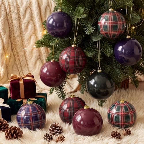 12 Pcs Plaid Christmas Ball Ornaments 3.15 Inch Green Blue Burgundy Balls