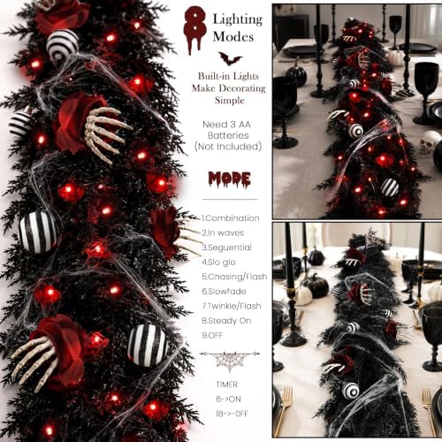 9FT Black Garland with Lights and Ornaments Prelit Halloween Decoration