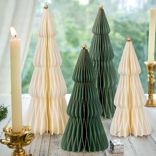 SUNBEAUTY 6 PCS Honeycomb Christmas Tree Thick Paper Christmas Tree 3D Christmas Table Decorations with Metal Ball White Green Xmas Decorations Minimalist Decor for Table Window Fireplace