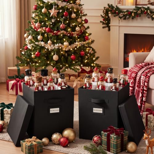 2 Packs Christmas Nutcracker Storage Box 16 Inch Hold 9 Nutcrackers Figurine Collectible Black Dividers for Holiday Decor Carolers Santa Figure Nut Cracker Ornaments