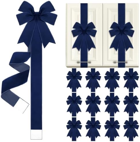Daifunli 12 Pcs Navy Blue Christmas Velvet Cabinet Bows Ribbons for Kitchen