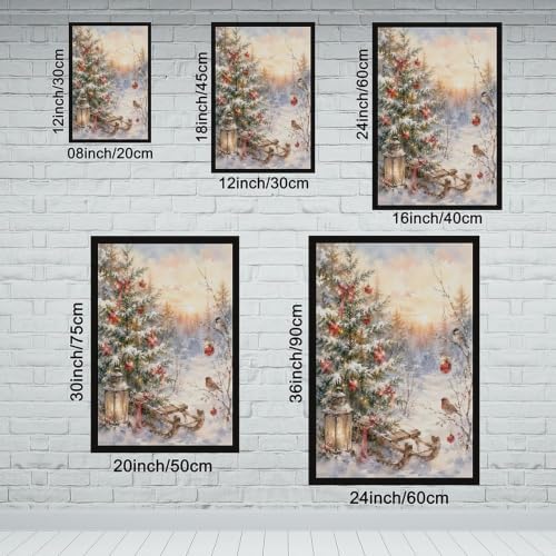 Snowy Christmas Tree Canvas Wall Art Winter Sled Birds Decor Black Frame