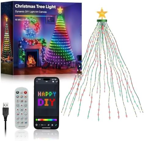 Smart Christmas Tree Lights 7FT 400LED, DIY Color Changing Waterfall Xmas Tree Lights with Ring & Top-Star, Remote & APP Control, RGB-IC Dynamic String Light, Music Sync for Indoor Decor