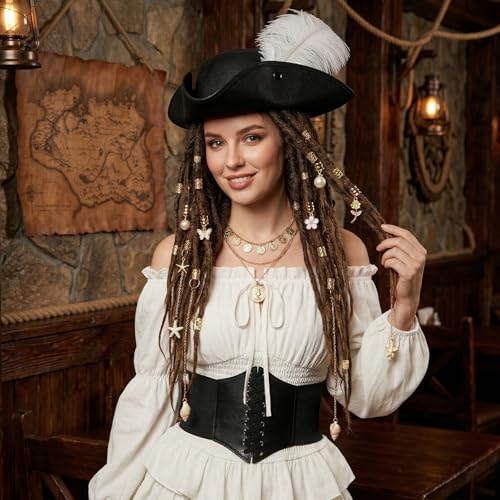 7 Pcs Pirate Costume Women Renaissance Dress Set, Medieval Pirate Outfit for Women with Hat and Accessories
