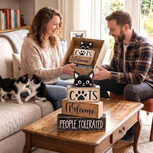 Lineshading 4 Pcs Cat Wooden Sign Set, Farmhouse Tiered Tray Decor