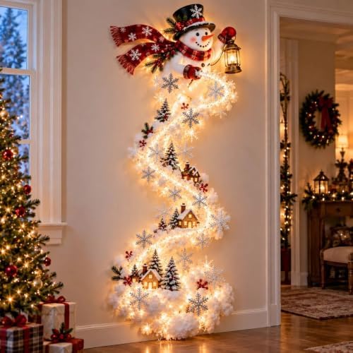 Christmas Magic Trail Wall Light -3D LED Glowing Christmas Scene Wall Decoration, Santa Sleigh Reindeer Hanging Decoration Indoor Holiday Decor for Living Room, Festive Xmas Gift，Snowman