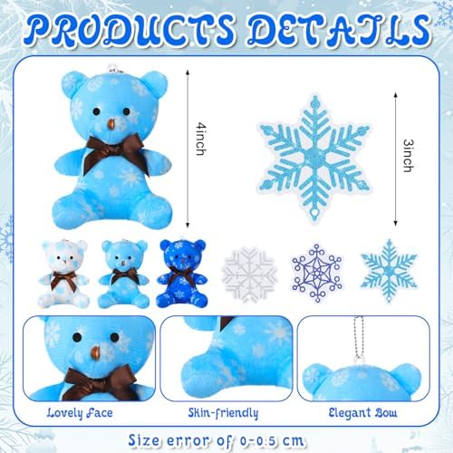 Poen 27 Pack Winter Party Favors Snowflake Mini Plush Bears with Cards Set Small Stuffed Animal Classroom Gifts for Holiday School Students Kids Exchange Prize Reward Gifts Toy