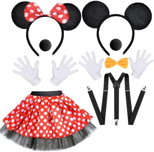 Humairc Mouse Costume, Mouse Tutu Skirt Headband with Mouse Ears Suspenders Gloves Nose Bow Tie for Women Men, Halloween Theme Party Cosplay Carnival Outfit