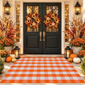 Orange and White Plaid Rug, 4' x 6' Fall Outdoor Front Door Decor Mat, Cotton Washable Hand-Woven Rug for Layered Doormat, Autumn Halloween Thanksgiving Carpet for Porch, Entryway