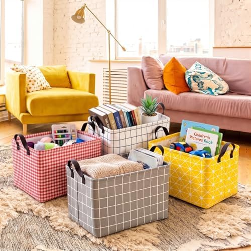 CHENGU 6 Pack Storage Baskets with Handle Back to School Foldable Baskets for Shelves Classroom Plaid & Geometric Storage Bin Large Collapsible Canvas Bin for Closet Nursery Home Organization 6 Colors